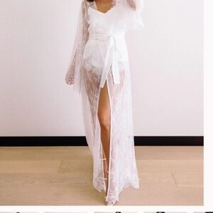 Sheer Lace Long Robe with Waist Tie - White